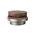 Modern design salontafel met cirkelvormige lagen en houten afwerking.