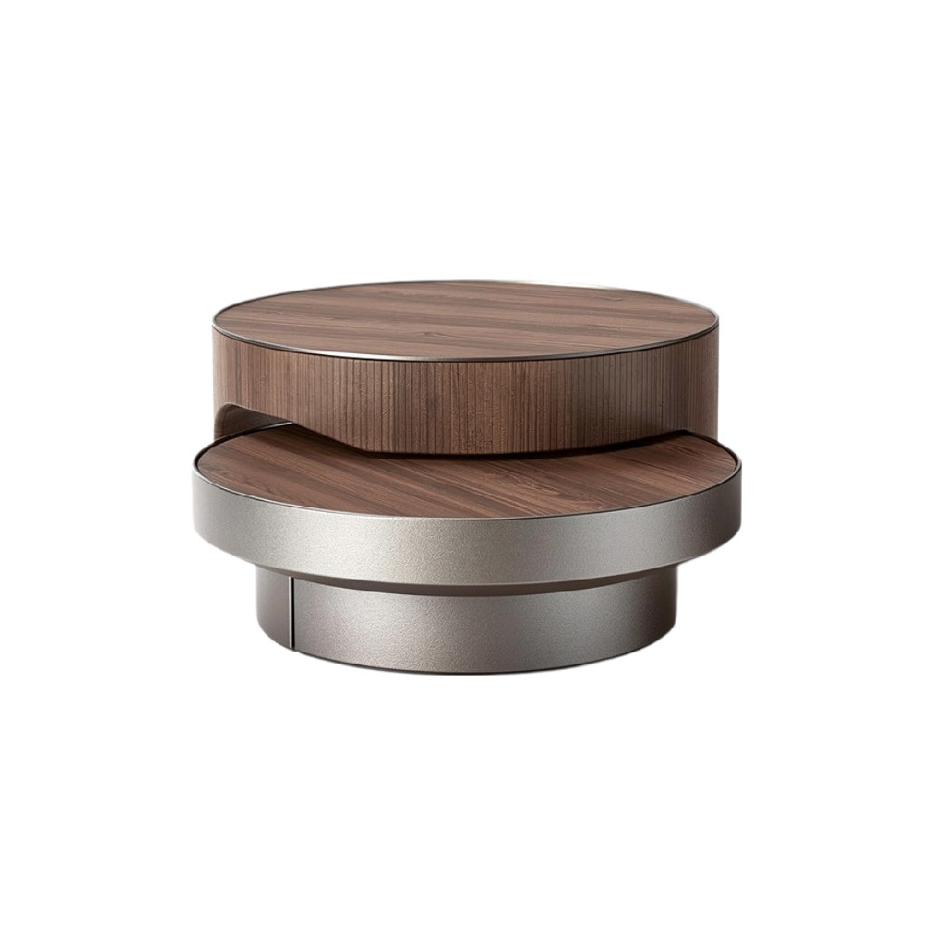 Modern design salontafel met cirkelvormige lagen en houten afwerking.