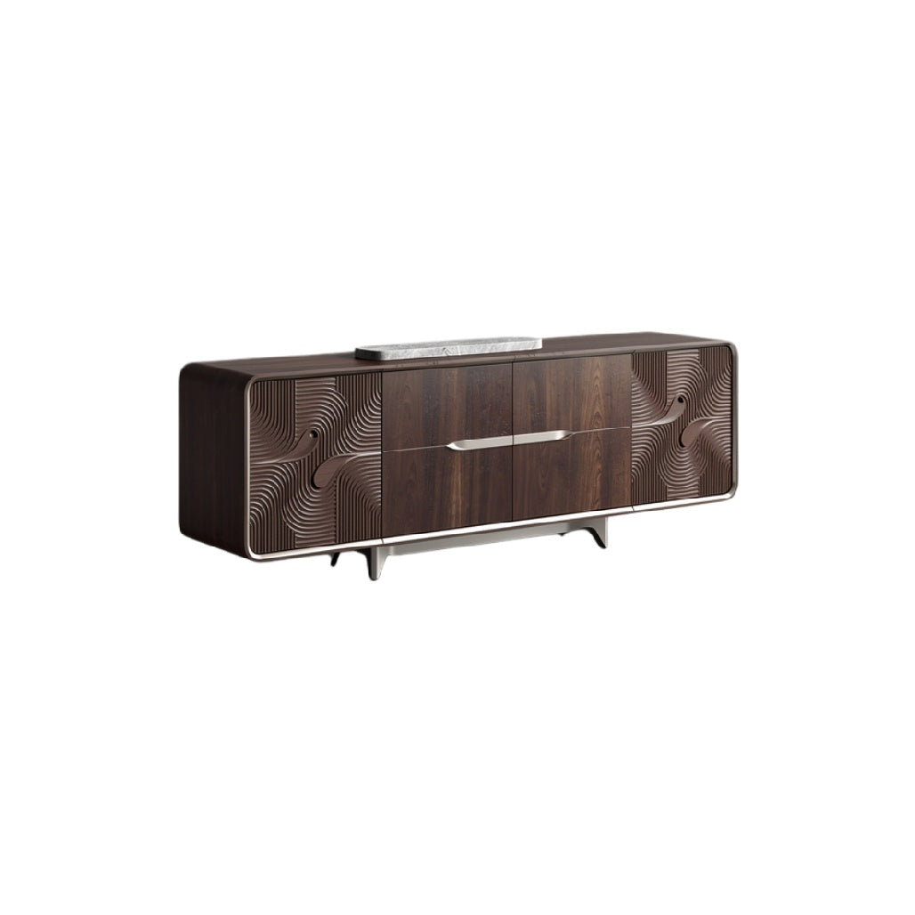 Moderne houten dressoir met golvende patroon en marmeren blad